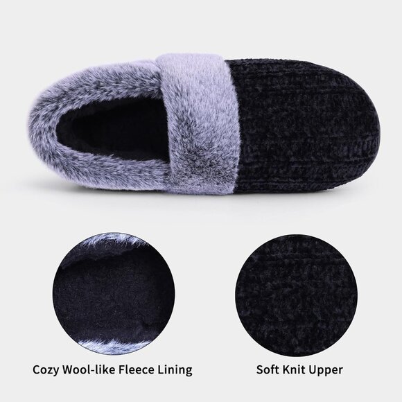 ⚡Women's Black Fuzzy Memory Foam Slippers Closed Back Knit Slip-On House Shoes - Picture 3 of 6
